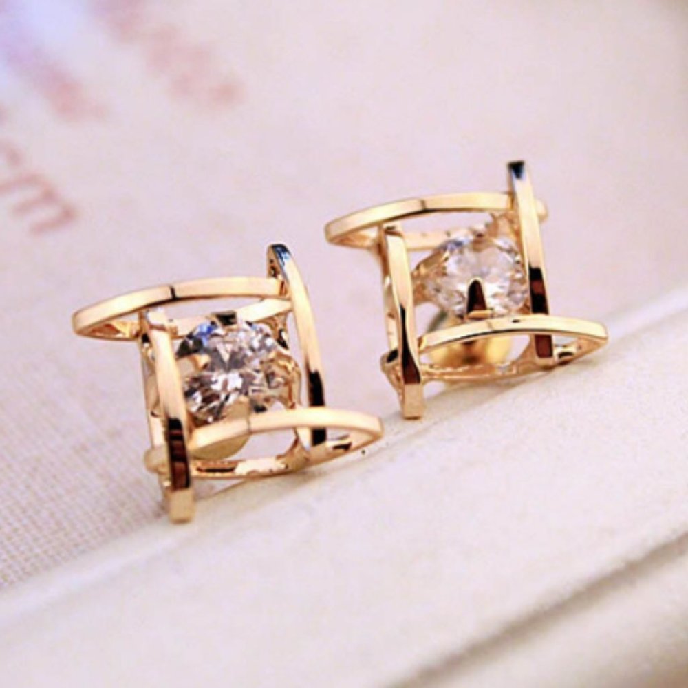 Gold Tone Caged Diamond Stud Earrings - Picture 3 of 5